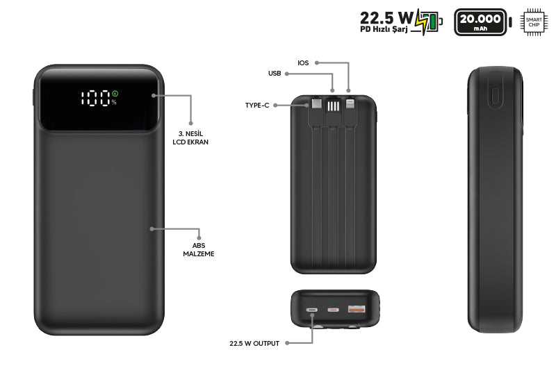 Stay Powered Anywhere: 20,000mAh Power Bank with 22.5W Fast Charging and LCD Display for Ultimate Portability