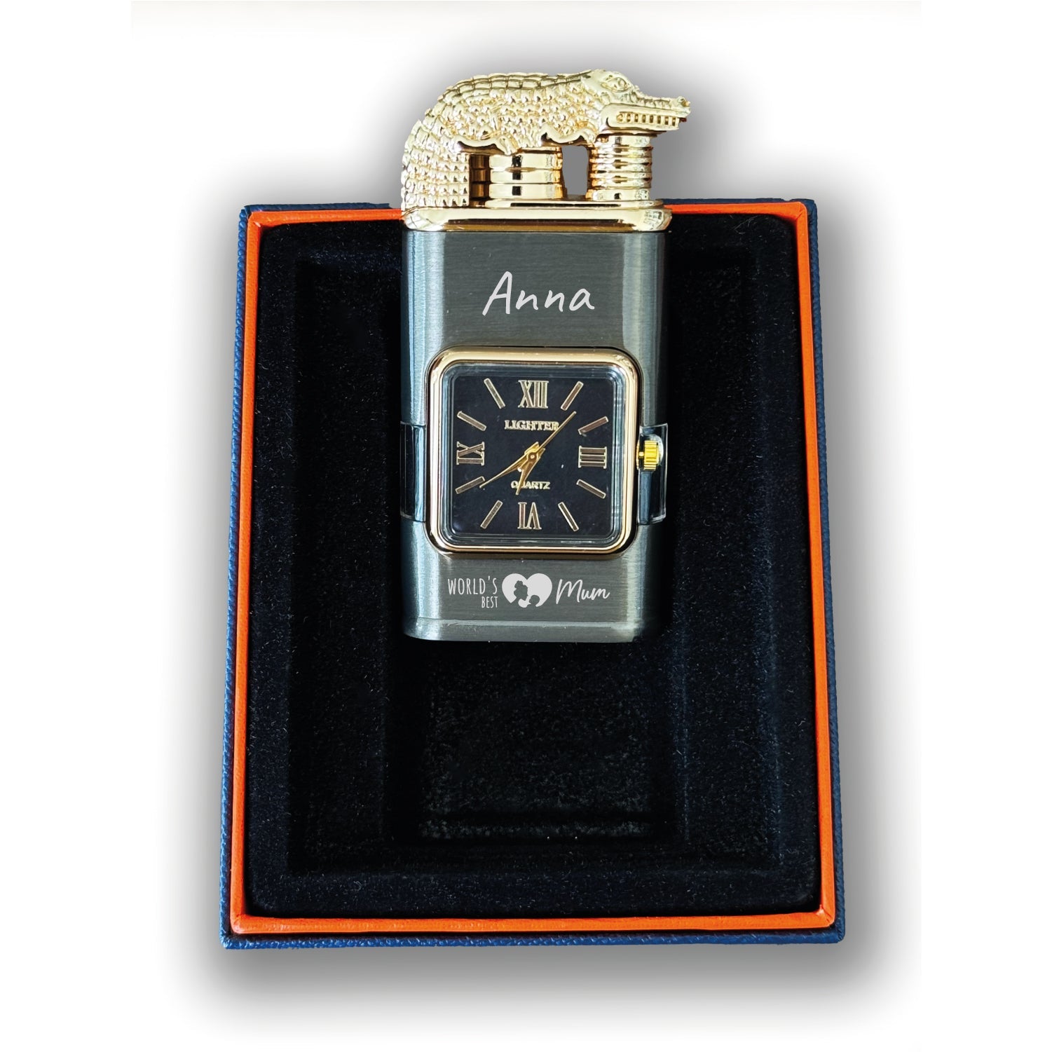 Custom Engraved Dual Flame Jet Gas Lighter with Vintage Watch Bezel – Windproof, Refillable, Personalized Gift – Durable Quartz Dial (Model 55310)