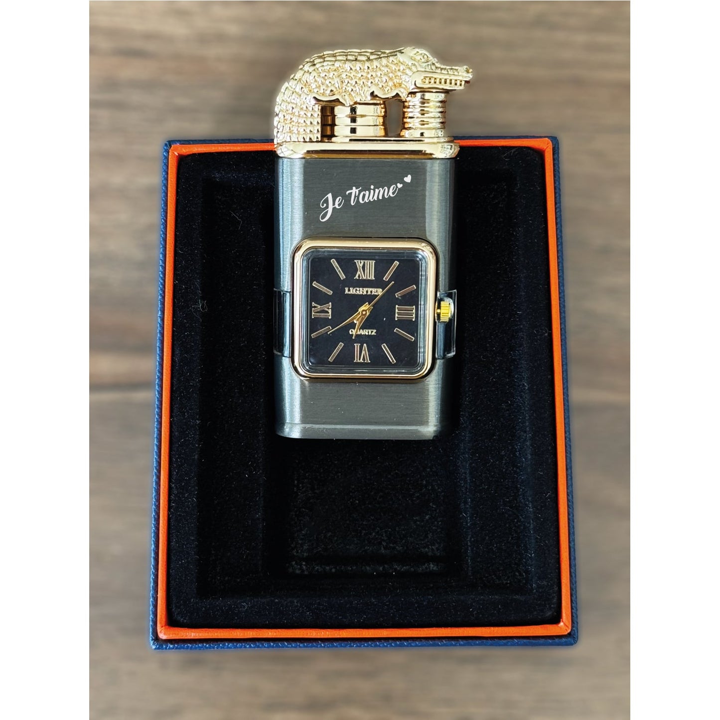 Custom Engraved Dual Flame Jet Gas Lighter with Vintage Watch Bezel – Windproof, Refillable, Personalized Gift – Durable Quartz Dial (Model 55310)