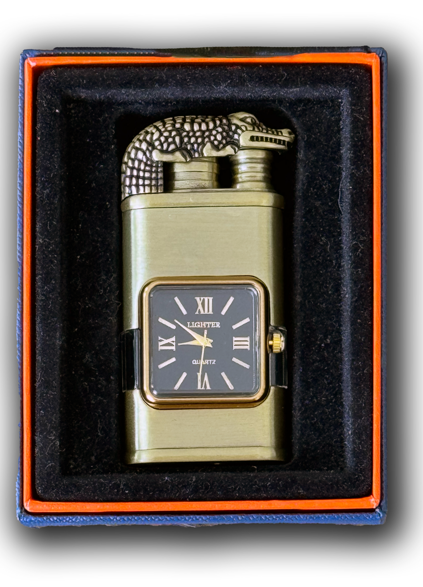 Custom Engraved Windproof Metal Lighter - Dual Flame Jet Torch with Logo & Text, Vintage Watch Bezel, Refillable, Quartz Dial (Model 55320)