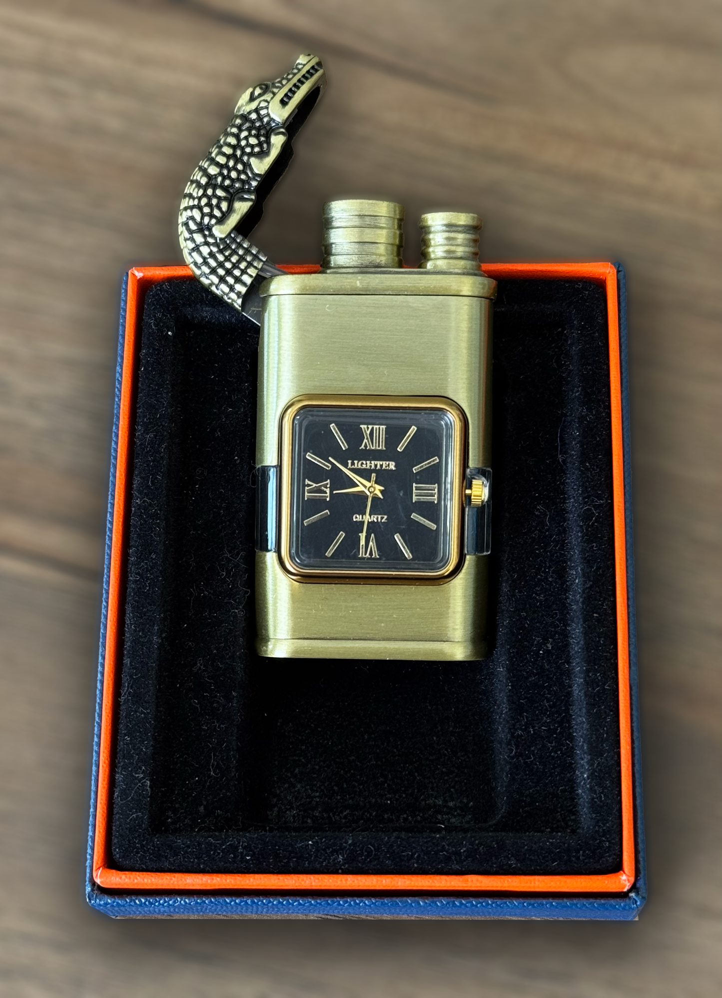 Custom Engraved Windproof Metal Lighter - Dual Flame Jet Torch with Logo & Text, Vintage Watch Bezel, Refillable, Quartz Dial (Model 55320)