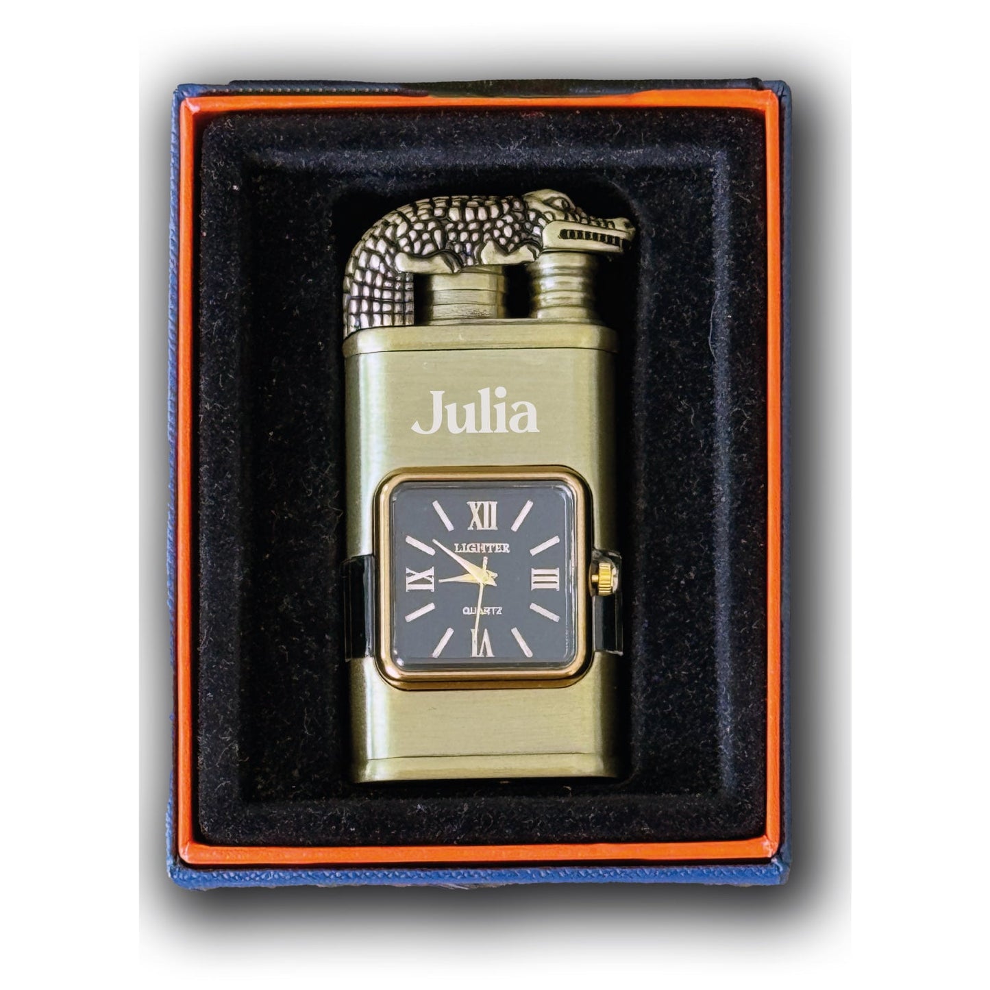 Custom Engraved Windproof Metal Lighter - Dual Flame Jet Torch with Logo & Text, Vintage Watch Bezel, Refillable, Quartz Dial (Model 55320)