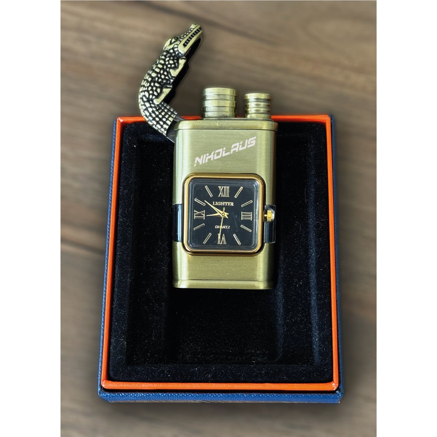 Custom Engraved Windproof Metal Lighter - Dual Flame Jet Torch with Logo & Text, Vintage Watch Bezel, Refillable, Quartz Dial (Model 55320)