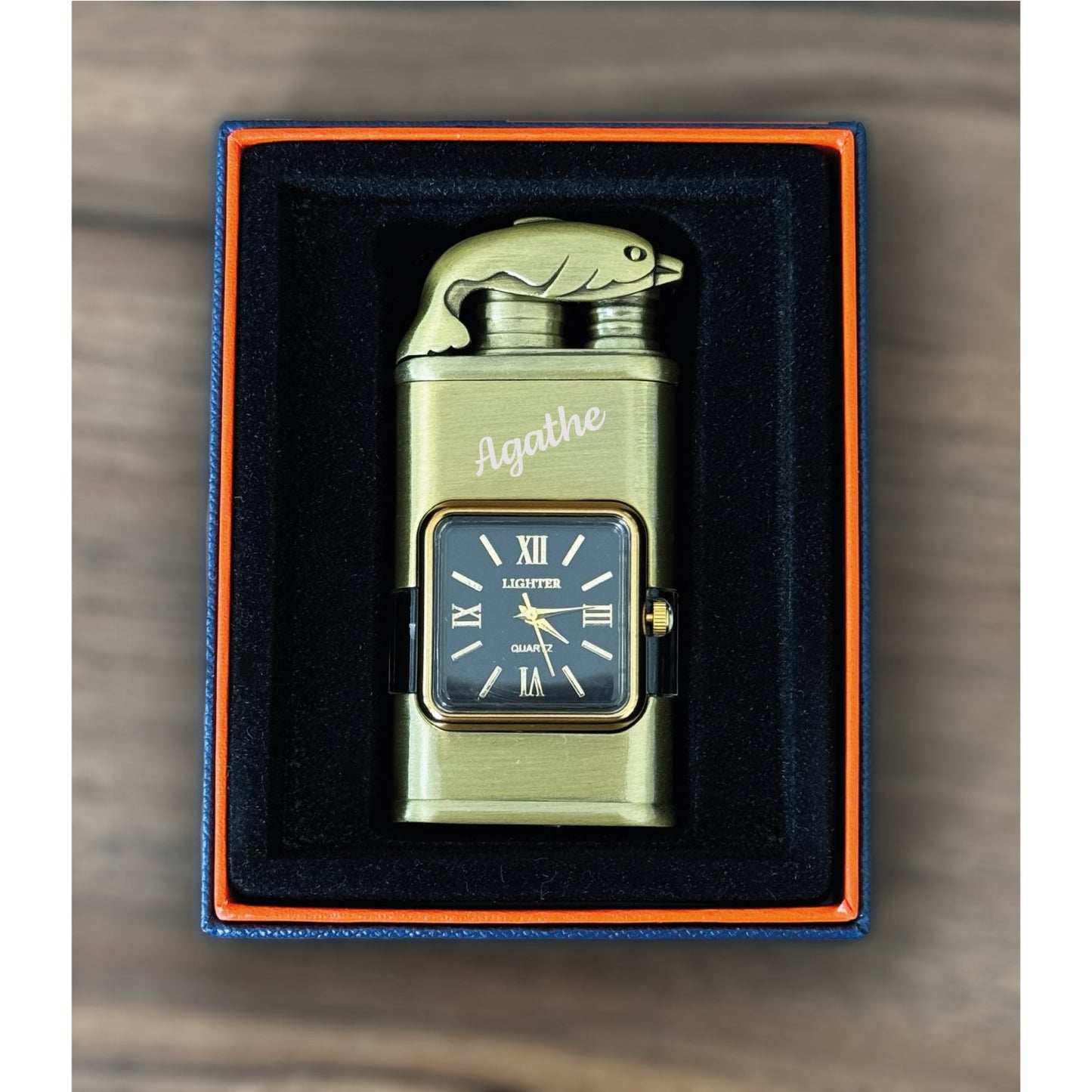 Custom Engraved Metal Butane Lighter - Windproof Dual Flame Torch, Vintage Design, Personalized Gift with Logo & Text, Durable Quartz Dial Watch