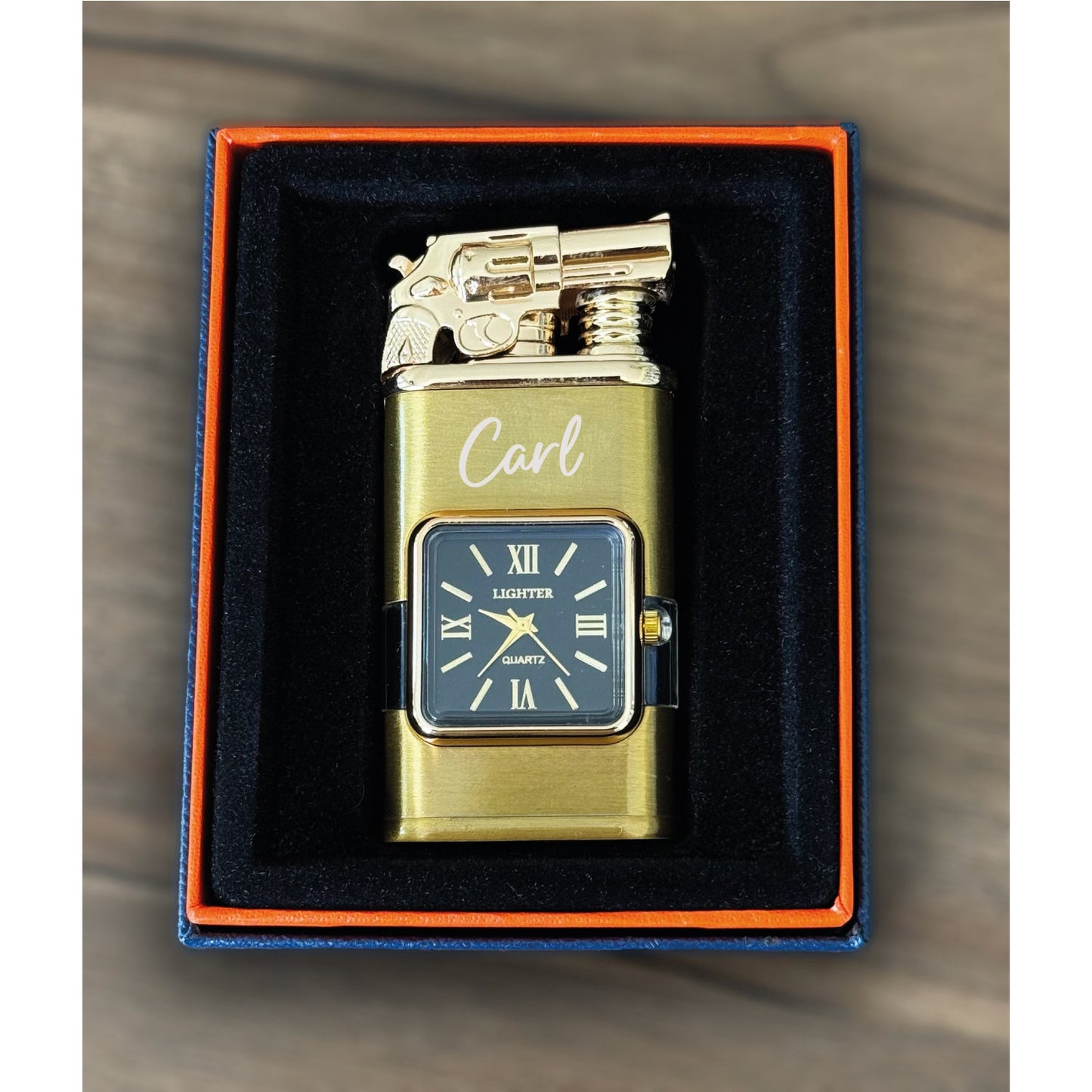 Custom Engraved Metal Butane Lighter - Windproof Dual Flame Torch, Personalized with Logo & Text, Vintage Watch Bezel, Refillable Quartz Dial (55340)