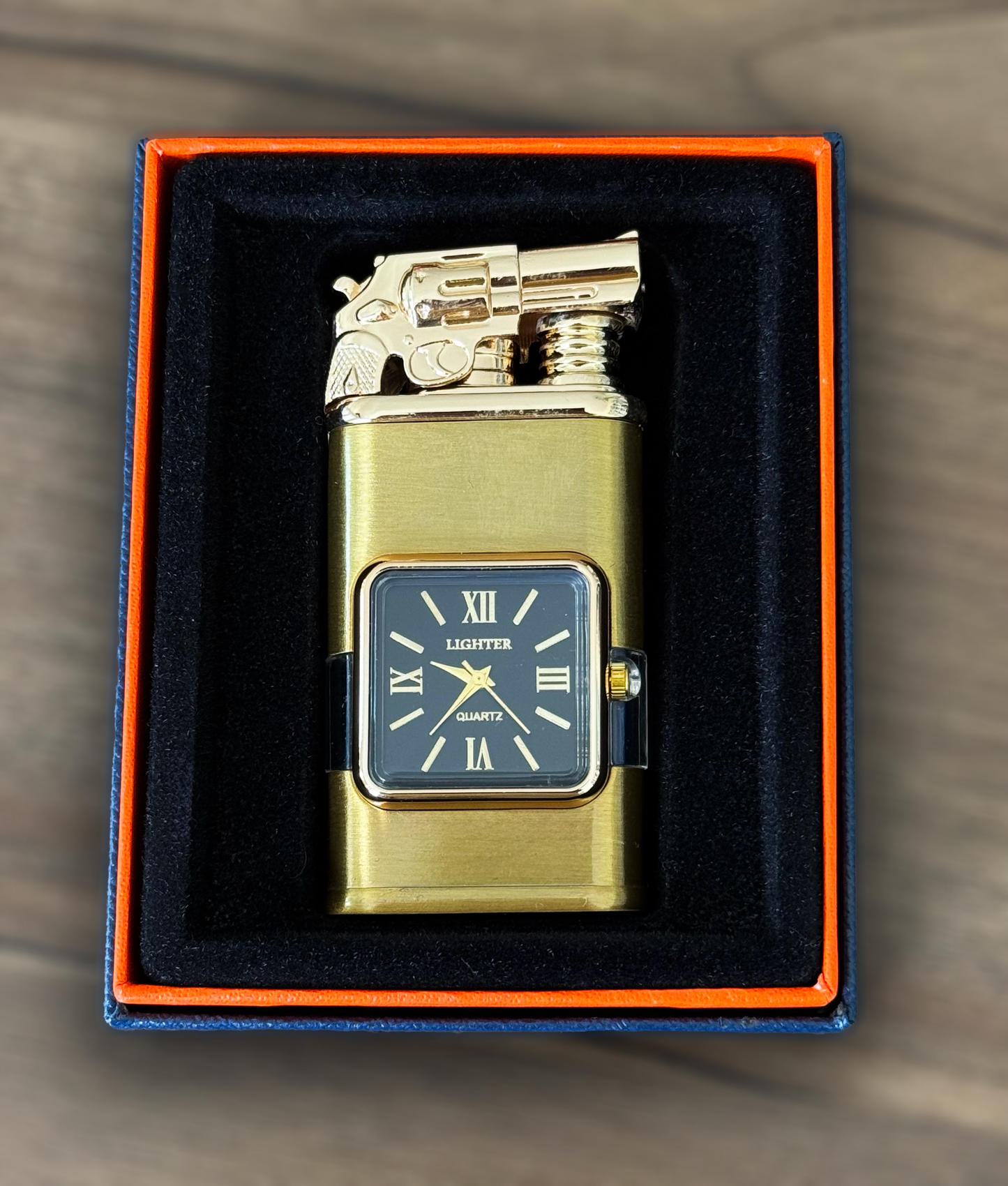 Custom Engraved Metal Butane Lighter - Windproof Dual Flame Torch, Personalized with Logo & Text, Vintage Watch Bezel, Refillable Quartz Dial (55340)