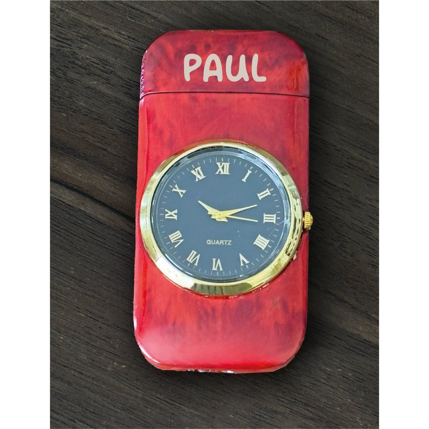 Custom Engraved Metal Butane Lighter - Windproof Dual Flame Torch, Personalized with Logo & Text, Gold Watch Bezel, Refillable Quartz Dial