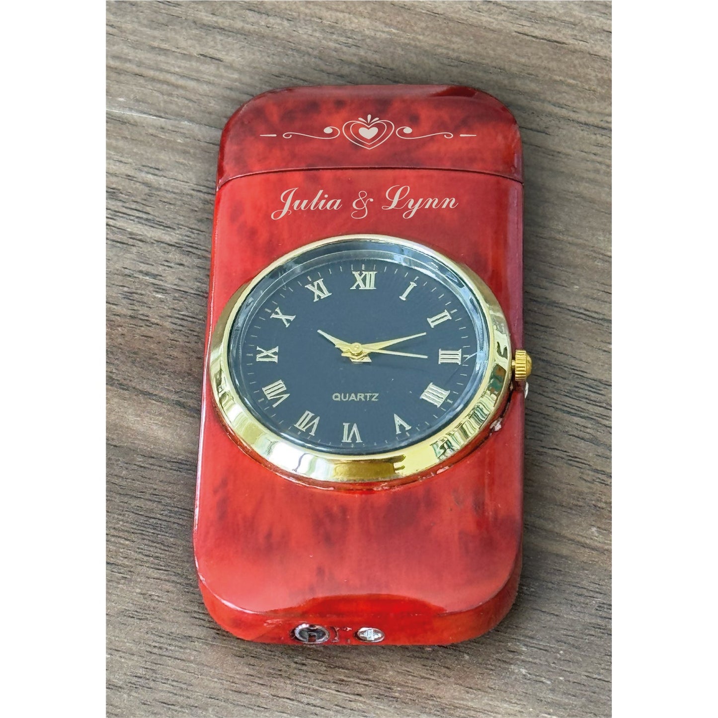 Custom Engraved Metal Butane Lighter - Windproof Dual Flame Torch, Personalized with Logo & Text, Gold Watch Bezel, Refillable Quartz Dial