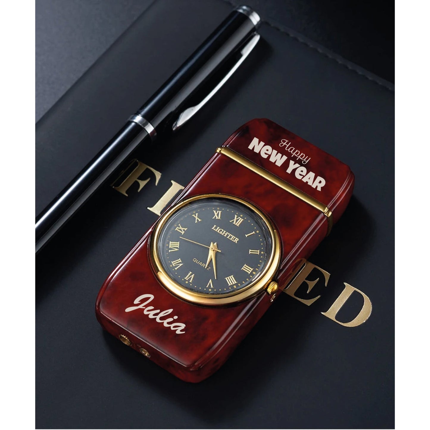 Custom Engraved Metal Butane Lighter - Windproof Dual Flame Torch, Personalized with Logo & Text, Gold Watch Bezel, Refillable Quartz Dial