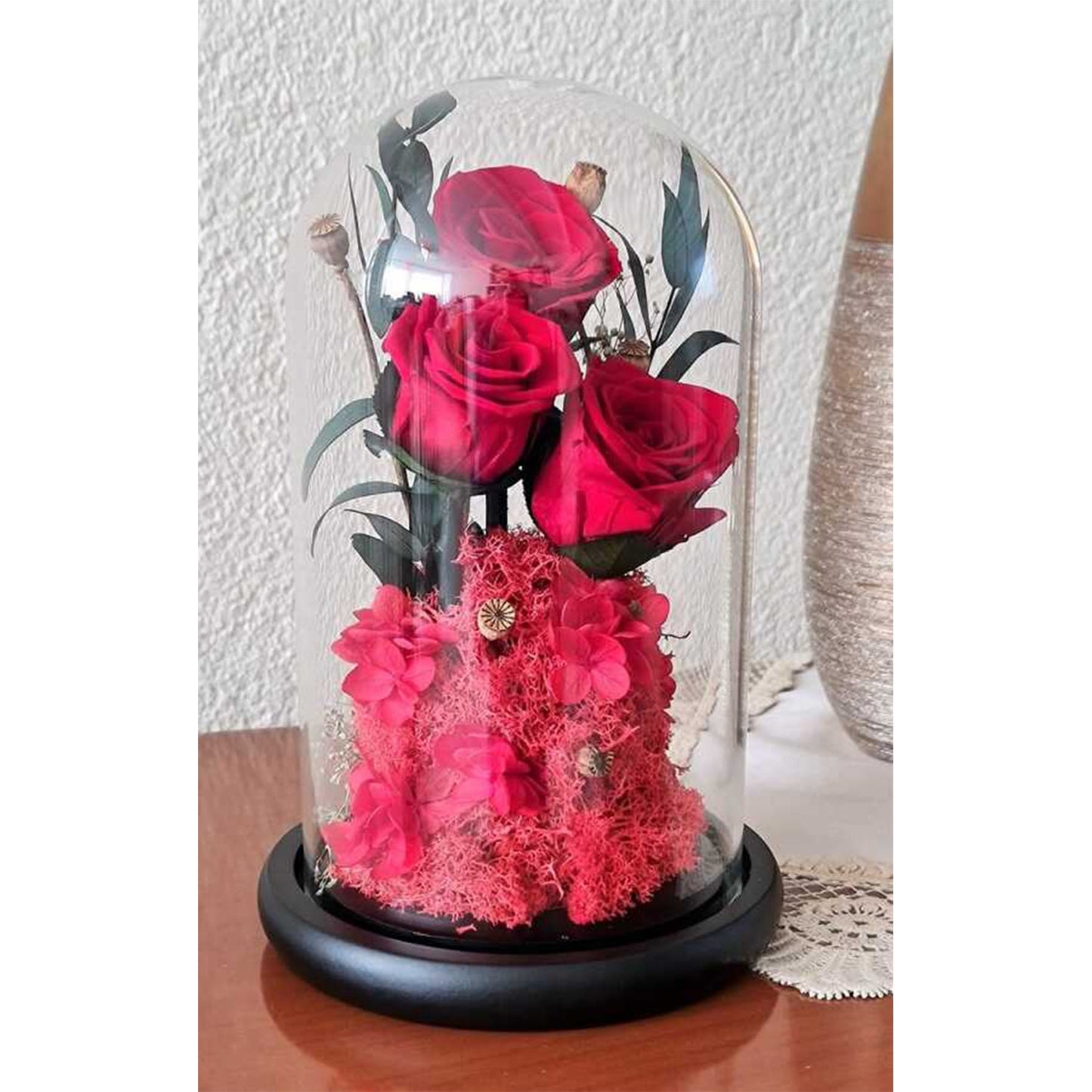 Real Roses in Glass Dome – Valentine’s Gift – Wedding Present – Mother’s Day Gift – Long-Life Preserved Roses – 2 to 3 Years Durable