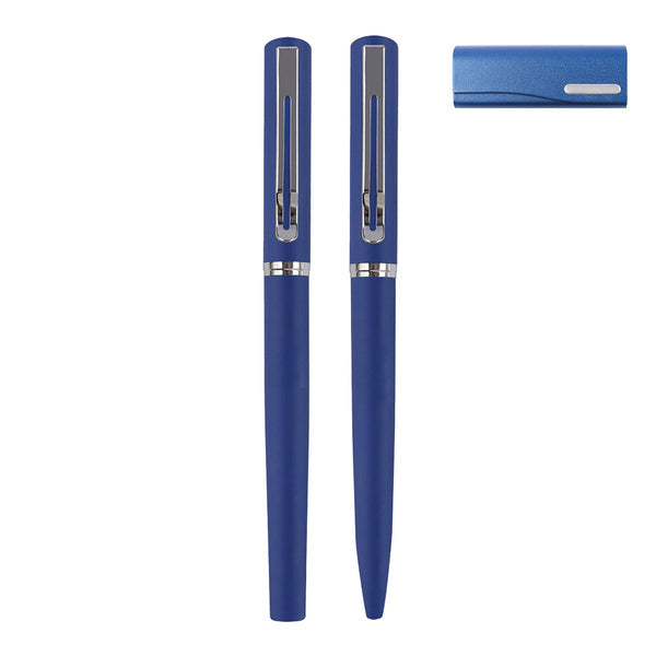 DarkBlue Pennenset - Writing Set - Ballpoint Pen - Rollerball Pen - Laser Engraved Pens - With Pen Case - Gift Pen Set - Navy Blue Ink - 40609